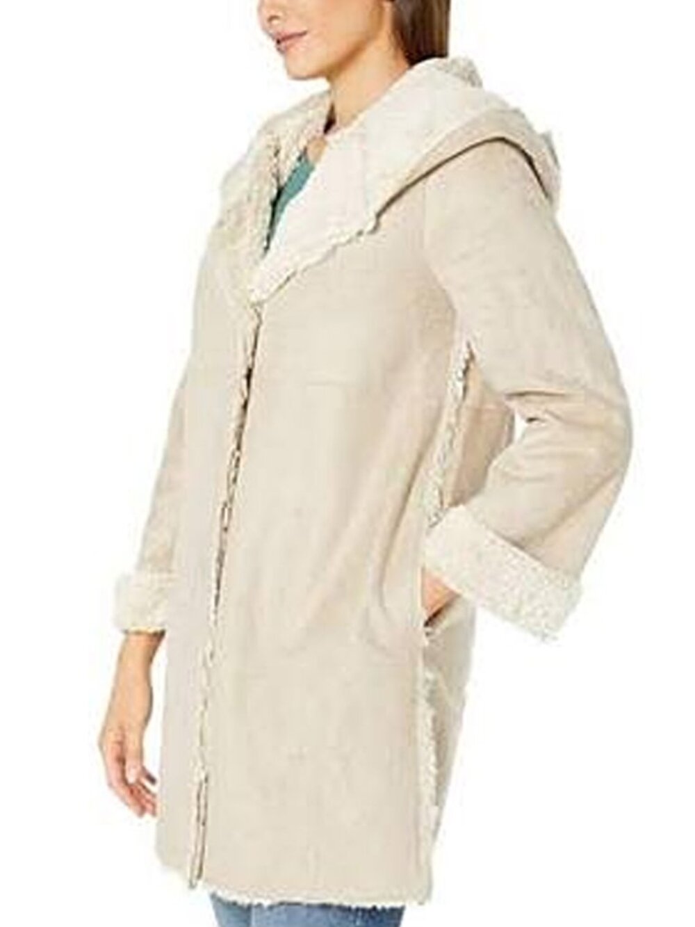 Dylan Beige Suede Shearling Sherpa Hooded Coat Size M